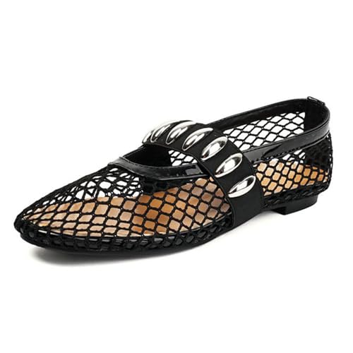 WOkismD Damen Mesh Casual Flache Pumps Metalldekoration Mary Jane Schuhe Runde Zehen Bequeme Flats Abschlussball Hochzeitskleid Schuhe,Schwarz,40 von WOkismD