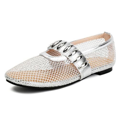 WOkismD Damen Mesh Casual Flache Pumps Metalldekoration Mary Jane Schuhe Runde Zehen Bequeme Flats Abschlussball Hochzeitskleid Schuhe,Silber,43 von WOkismD