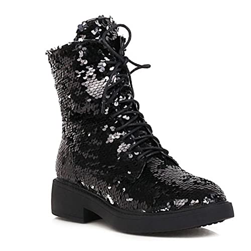 WOkismD Damen Pailletten Knöchelstiefel Plattform klobig Flachabsatz Booties Runde Zehe Spitze bis Herbst Winter Kleid Party Booties,Schwarz,41 von WOkismD