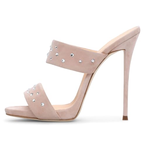 WOkismD Damen Pantoletten mit Plateauabsatz, Wildleder, Strass, Stiletto-Absatz, offene Zehenpartie, Sandalen mit Zwei Riemen, Slingback, Kleid, Pantoletten, Hausschuhe,Beige,42 von WOkismD