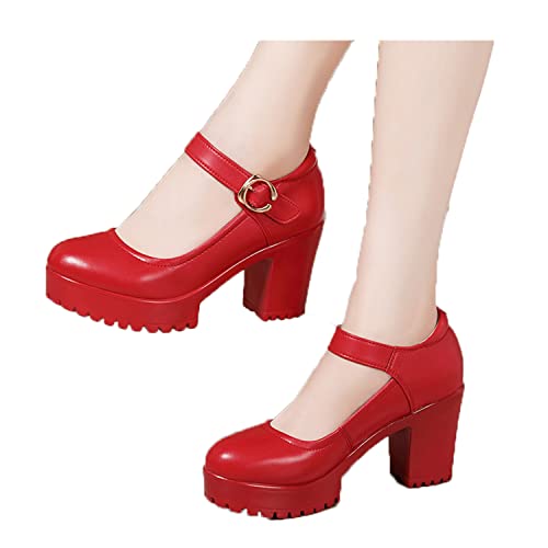 WOkismD Damen Plattform Mary Janes Pumps Chunky Ankle Strap Buckle Round Toe High Heel Schuhe Block Mid Heel Pumps Dress Comfort Elegante Schuhe,Rot,41 von WOkismD