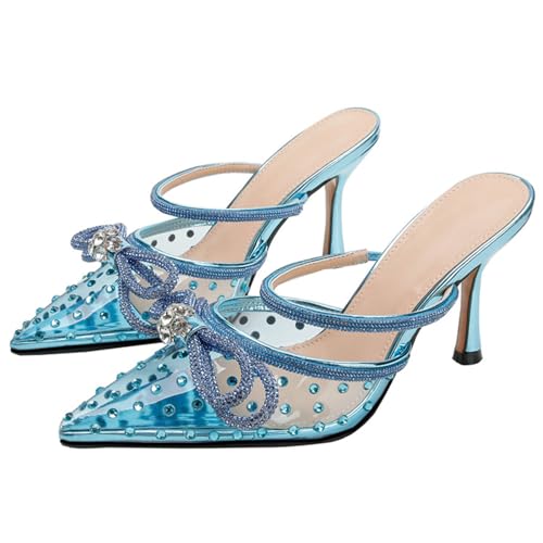 WOkismD Damen Pumps mit Strass-Schleife und Nieten, spitz zulaufende geschlossene Zehenpartie, Stilettoabsatz, Pantoletten, Schlupfschuhe, Hochzeitsschuhe, transparenter PVC-Kitten Heels,Blau,35 von WOkismD