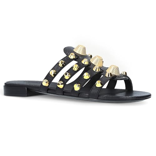 WOkismD Damen-Sandalen mit Metallnieten, Flache Schlupfsandalen mit offener Spitze, Sommer-/Strand-Nieten, Party-/Alltagsschuhe, Abendschuhe,Schwarz,44 von WOkismD