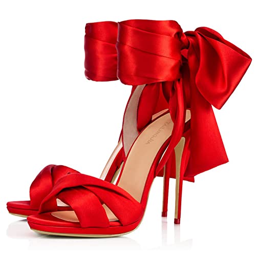 WOkismD Damen Schleifen Riemchensandalen Offene Zehen Sandaletten Stiletto High Heel Schnürsandalen Party Satin Abendkleid Pump Schuhe 4.7inch/12cm,Rot,42 WOkismD Damen Schleifen Riemchensandalen Offene Zehen Sandaletten Stiletto High Heel Schnürsandalen Party Satin Abendkleid Pump Schuhe 4.7inch/12cm,Rot,42 von WOkismD