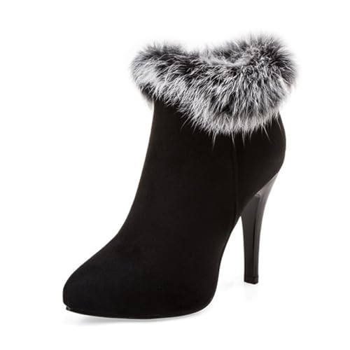 WOkismD Damen Stiefeletten mit Absatz, spitzer Zehenbereich, Stilettoabsatz, modische Stiefel mit seitlichem Reißverschluss, Wildleder, Kunstplüsch, Winterstiefel,Schwarz,44 von WOkismD