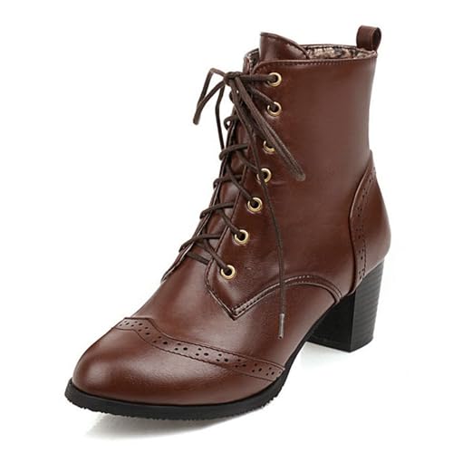 WOkismD Damen Stiefeletten mit Schnürung, runde Zehenpartie, klobiger Mittelabsatz, Booties mit Blockabsatz, Herbst-/Winterschuhe,Braun,45 von WOkismD