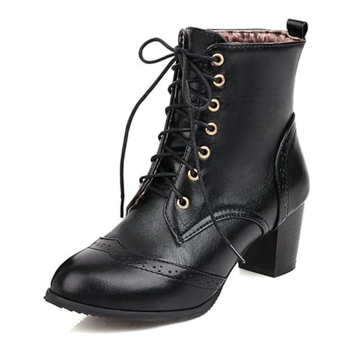 WOkismD Damen Stiefeletten mit Schnürung, runde Zehenpartie, klobiger Mittelabsatz, Booties mit Blockabsatz, Herbst-/Winterschuhe,Schwarz,38 von WOkismD