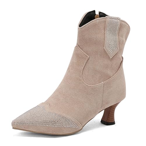 WOkismD Damen-Stiefeletten mit Strasssteinen im britischen Stil, seitlicher Reißverschluss, Spitze Zehenpartie, hoher Blockabsatz, legere Bequeme Abendschuhe,Beige,40 von WOkismD