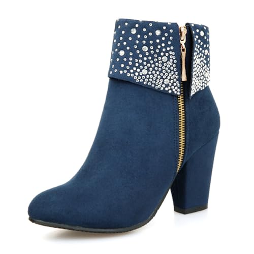 WOkismD Damen Stiefeletten mit Strasssteinen und Blockabsatz, Wildleder, seitlicher Reißverschluss, Booties mit runder Zehenpartie, Blockabsatz, Kurze Stiefel, Herbst-Winter-Abendschuhe,Blau,37 von WOkismD