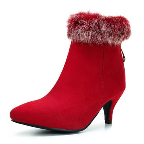 WOkismD Damen Stiefeletten mit spitzer Spitze und Wildleder-Kitten-Heels, Kunstpelzkragen, Stiefeletten mit Reißverschluss auf der Rückseite, Herbst-/Winter-Abendschuhe,Rot,36 von WOkismD