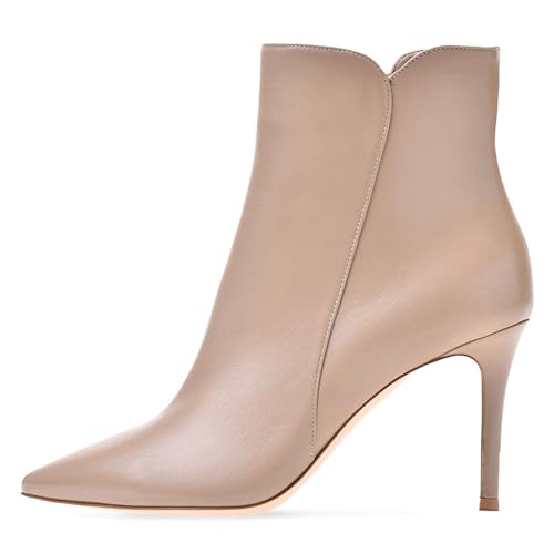 WOkismD Damen Stiefeletten mit spitzer Zehenpartie, Stiletto-Absatz, Stiefeletten, leicht, bequem, seitlicher Reißverschluss, Winter-/Herbstschuhe,Beige,44 von WOkismD