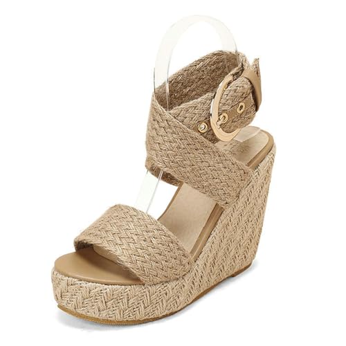 WOkismD Espadrille-Keilsandalen für Damen, offene Zehenpartie, Plateau-Sandalen aus gewebtem Stoff, lässige Sommer-Keilsandalen mit hohem Absatz und Verstellbarer Schnalle,Beige,38 von WOkismD