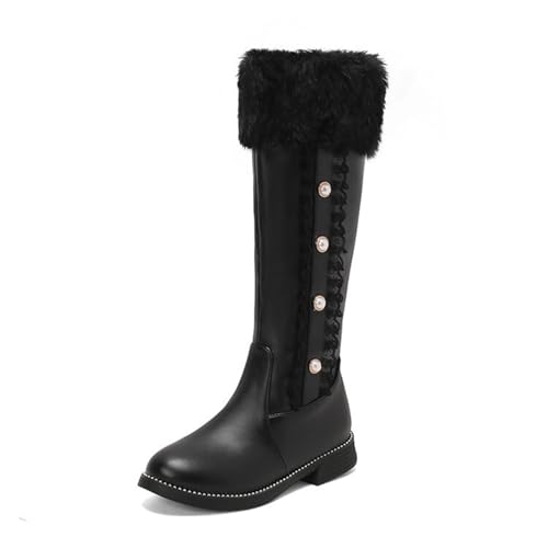 WOkismD Flache Kniehohe Stiefel für Damen, seitlicher Reißverschluss, niedriger Absatz, Lange Stiefel aus Kunstplüsch, Herbst-Winter-Abendschuhe, Spitzennähte, Flache Schuhe,Schwarz,34 von WOkismD