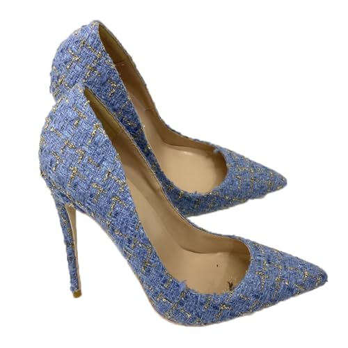 WOkismD Handgewebte Pumps für Damen, Spitze, geschlossene Zehenpartie, hohe Stilettos, 11 cm, Schlupfschuhe, für Kleider, Hochzeiten, Partys, Abschlussbälle, Kirchenschuhe,Blau,38 von WOkismD