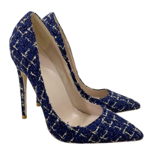 WOkismD Handgewebte Pumps für Damen, Spitze, geschlossene Zehenpartie, hohe Stilettos, 11 cm, Schlupfschuhe, für Kleider, Hochzeiten, Partys, Abschlussbälle, Kirchenschuhe,Dark Blue,40 von WOkismD