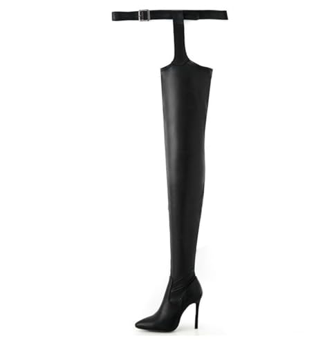 WOkismD Hosenstiefel mit Schnallenriemen für Damen aus PU-Leder, seitlicher Reißverschluss, Overknee-Stiefel mit spitzer Zehenpartie, Stiletto-Absatz, bequemer Stretch-Absatz für Herbst,Schwarz,38 von WOkismD