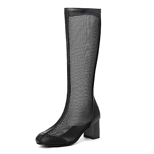 WOkismD Kniehohe Damen-Sommer-Mesh-Stiefel mit klobigem Absatz und Reißverschluss, Lange Stiefel, runde Zehen, mittelhoher Blockabsatz, modische, lässige, Bequeme Tanzschuhe,Schwarz,40 WOkismD Kniehohe Damen-Sommer-Mesh-Stiefel mit klobigem Absatz und Reißverschluss, Lange Stiefel, runde Zehen, mittelhoher Blockabsatz, modische, lässige, Bequeme Tanzschuhe,Schwarz,40 von WOkismD