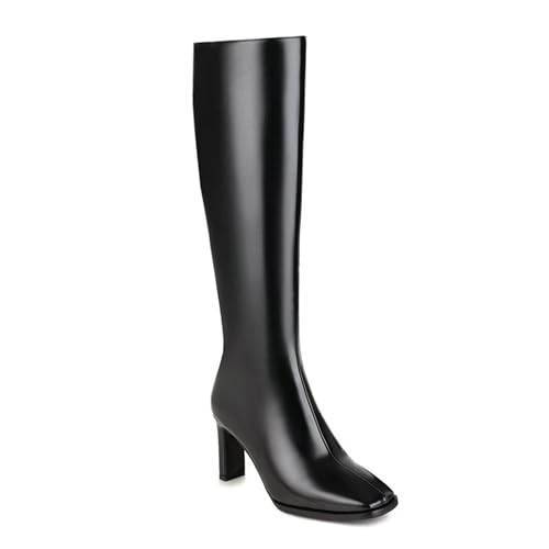 WOkismD Kniehohe Damen-Stiefel aus Lackleder mit seitlichem Reißverschluss, quadratische Zehenpartie, klobiger Absatz, Lange Stiefel, modische, Klassische Herbst-/Winter-Kleiderschuhe,Schwarz,43 von WOkismD