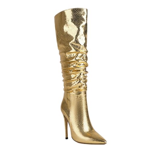 WOkismD Kniehohe Lange Stiefel für Damen, Stiletto-Absätze, breite Wade, hohe Stiefel mit spitzer Zehenpartie und Absatz, PU-Leder, Herbst-/Winter-Abendschuhe,Gold,38 von WOkismD