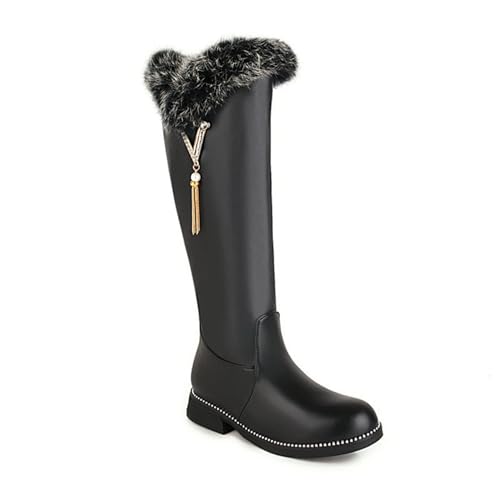 WOkismD Kniehohe Stiefel aus Kunstpelz für Damen, runde Zehenpartie, Flache Lange Stiefel mit Strasssteinen, PU-Leder, modische Winterschuhe mit seitlichem Reißverschluss,Schwarz,39 von WOkismD