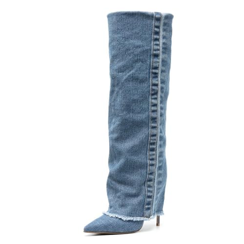 WOkismD Kniehohe Stiefel aus PU-Leder für Damen, Spitze Zehenpartie, Stiletto-Absätze, Lange Stiefel zum Umklappen, weites Schaftdesign und Bequeme Abendschuhe für Herbst und Winter,Blau,37 von WOkismD