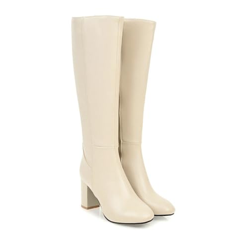 WOkismD Kniehohe Stiefel aus PU-Leder für Damen, runde Zehenpartie, klobiger Absatz, seitlicher Reißverschluss, Lange Stiefel, modische Herbst-/Winterschuhe,Beige,43 von WOkismD