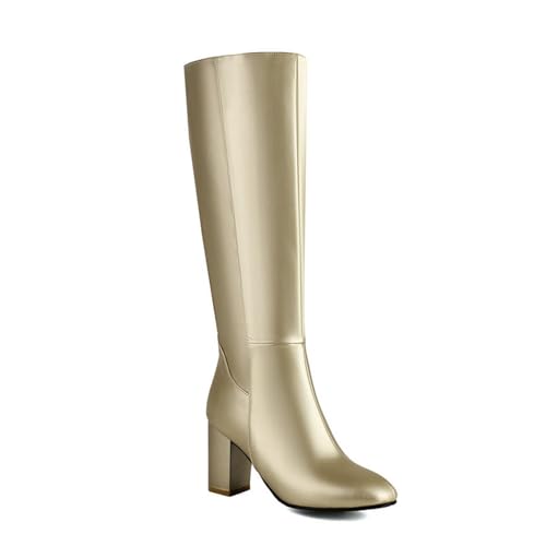 WOkismD Kniehohe Stiefel aus PU-Leder für Damen, runde Zehenpartie, klobiger Absatz, seitlicher Reißverschluss, Lange Stiefel, modische Herbst-/Winterschuhe,Gold,36 von WOkismD