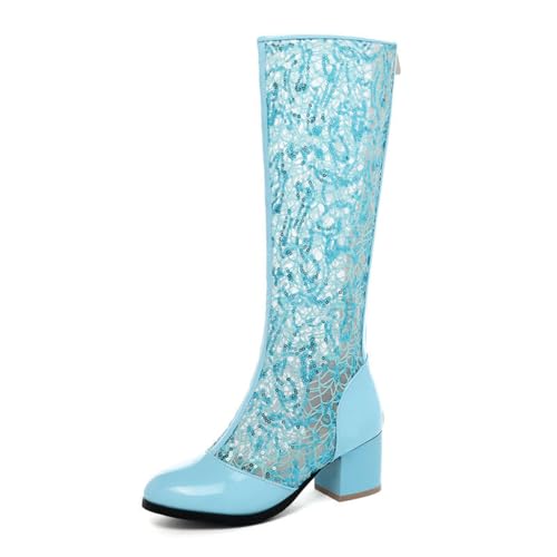 WOkismD Kniehohe Stiefel aus Spitzennetz für Damen, runde Zehenpartie, klobiger Absatz, Lange Stiefel mit Reißverschluss hinten, Blockabsatz, atmungsaktive Sommerschuhe,Blau,45 WOkismD Kniehohe Stiefel aus Spitzennetz für Damen, runde Zehenpartie, klobiger Absatz, Lange Stiefel mit Reißverschluss hinten, Blockabsatz, atmungsaktive Sommerschuhe,Blau,45 von WOkismD