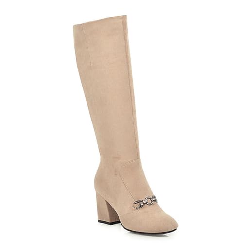 WOkismD Kniehohe Stiefel aus Wildleder für Damen, bequemer, klobiger Blockabsatz, runde Zehenpartie, Lange Stiefel, seitlicher Reißverschluss, Herbst-/Winterschuhe,Beige,34 von WOkismD