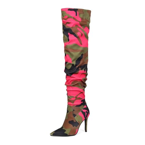 WOkismD Kniehohe Stiefel für Damen, Spitze Zehenpartie, Stilettoabsatz, Lange Stiefel, Camouflage, modisch, Klassische Slip-On-Abendschuhe für Verabredungen, Partys und Clubs,Rosa,39 von WOkismD