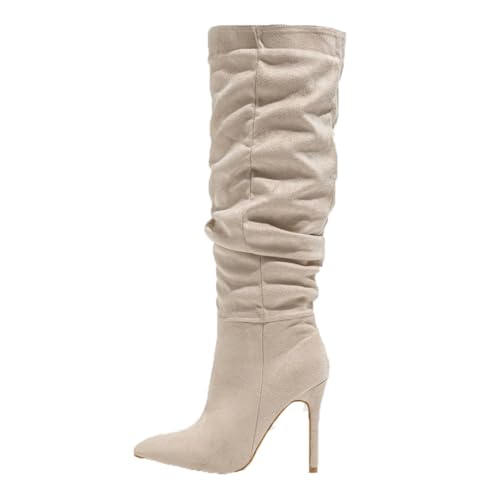 WOkismD Kniehohe Stiefel für Damen, Wildlederimitat, hohe Stiefel zum Hineinschlüpfen, Spitze Zehenpartie, Stilettoabsatz, Stretch-Langstiefel, breite Wade, modische Abendschuhe,Beige,41 von WOkismD