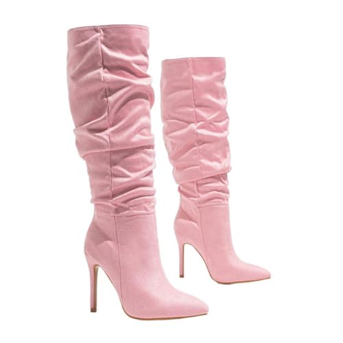 WOkismD Kniehohe Stiefel für Damen, Wildlederimitat, hohe Stiefel zum Hineinschlüpfen, Spitze Zehenpartie, Stilettoabsatz, Stretch-Langstiefel, breite Wade, modische Abendschuhe,Rosa,35 von WOkismD