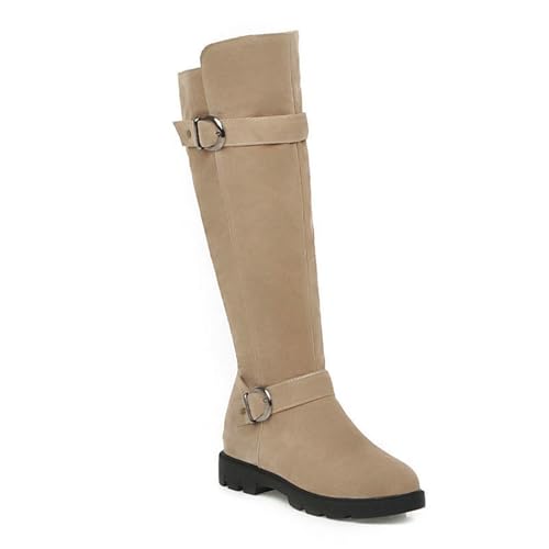 WOkismD Kniehohe Stiefel für Damen, bequem, flach, niedriger Absatz, runde Zehenpartie, Lange Stiefel aus dehnbarem Wildleder mit seitlichem Reißverschluss, Abendschuhe,Beige,36 von WOkismD