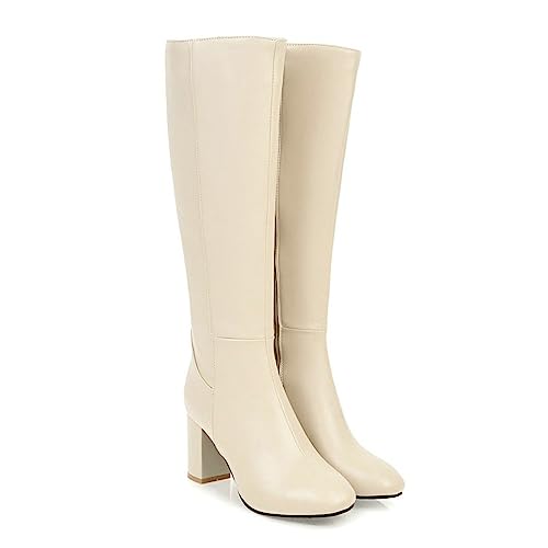 WOkismD Kniehohe Stiefel für Damen, klobiger Absatz, runde Spitze, Kniehohe Stiefel mit seitlichem Reißverschluss, Kunstleder, Blockabsatz, breite Wadenreitstiefel, Übergröße 34–45,Beige,42 WOkismD Kniehohe Stiefel für Damen, klobiger Absatz, runde Spitze, Kniehohe Stiefel mit seitlichem Reißverschluss, Kunstleder, Blockabsatz, breite Wadenreitstiefel, Übergröße 34–45,Beige,42 von WOkismD