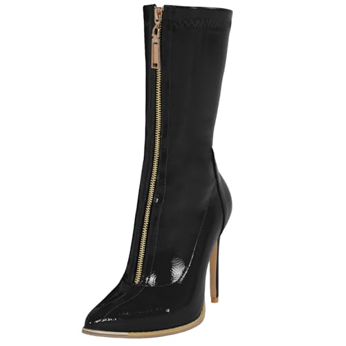 WOkismD Kniehohe Stiefel für Damen mit Reißverschluss vorne und spitzer Zehenpartie, Stilettoabsatz, Lange Stiefel aus Lackleder, für Dates, Partys, Clubs, Kleider, Partys,Schwarz,38 WOkismD Kniehohe Stiefel für Damen mit Reißverschluss vorne und spitzer Zehenpartie, Stilettoabsatz, Lange Stiefel aus Lackleder, für Dates, Partys, Clubs, Kleider, Partys,Schwarz,38 von WOkismD