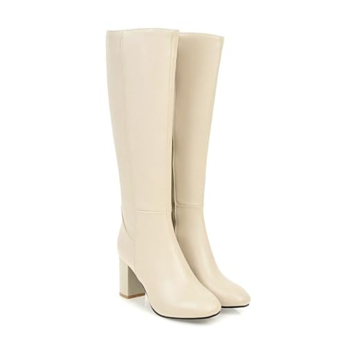 WOkismD Kniehohe Stiefel für Damen mit breiter Wade, dickem Blockabsatz, runder Zehenpartie, seitlichem Reißverschluss, Lange Stiefel aus PU-Leder, Herbst-/Winterstiefel, Elegante Schuhe,Beige,40 WOkismD Kniehohe Stiefel für Damen mit breiter Wade, dickem Blockabsatz, runder Zehenpartie, seitlichem Reißverschluss, Lange Stiefel aus PU-Leder, Herbst-/Winterstiefel, Elegante Schuhe,Beige,40 von WOkismD