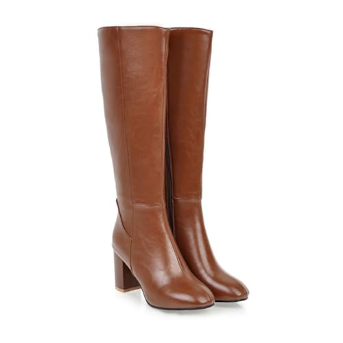 WOkismD Kniehohe Stiefel für Damen mit breiter Wade, dickem Blockabsatz, runder Zehenpartie, seitlichem Reißverschluss, Lange Stiefel aus PU-Leder, Herbst-/Winterstiefel, Elegante Schuhe,Braun,39 von WOkismD