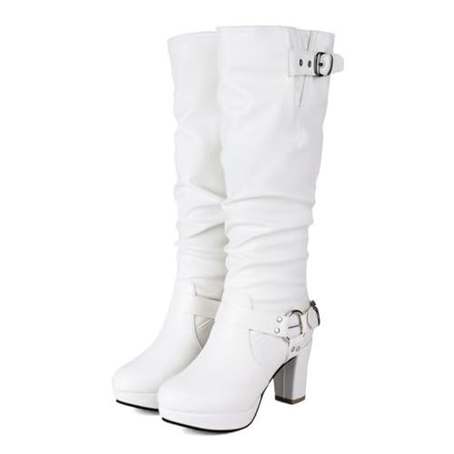 WOkismD Lange Stiefel für Damen mit Nietenschnallenriemen, runder Zehenpartie, Plateaustiefel mit klobigem High Heel, Kniehohe Stiefel zum Reinschlüpfen, Stiefel mit weitem Schaft,Weiß,37 WOkismD Lange Stiefel für Damen mit Nietenschnallenriemen, runder Zehenpartie, Plateaustiefel mit klobigem High Heel, Kniehohe Stiefel zum Reinschlüpfen, Stiefel mit weitem Schaft,Weiß,37 von WOkismD