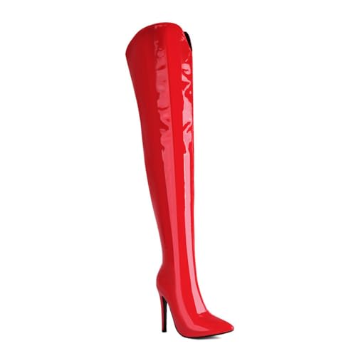 WOkismD Overknee-Stiefel aus Lackleder und PU für Damen mit spitzer Zehenpartie, seitlichem Reißverschluss, modischen und bequemen Stilettos mit hohem Absatz und Overknee-Stiefeln,Rot,42 von WOkismD