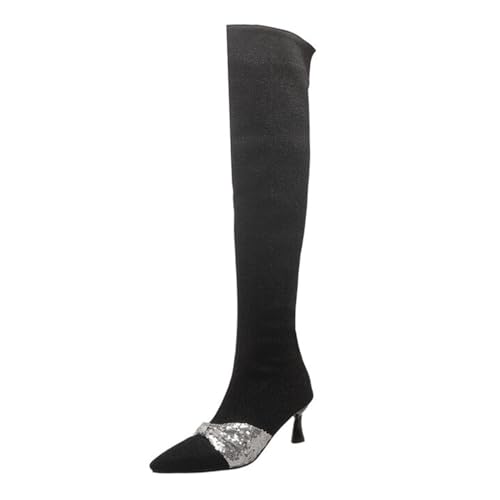 WOkismD Overknee-Stiefel aus Wildleder für Damen mit elastischem Schaft, spitzer Zehenbereich, seitlichem Reißverschluss, Kitten Heel, Overknee-Stiefel mit Farbblock-Muster,Schwarz,44 von WOkismD