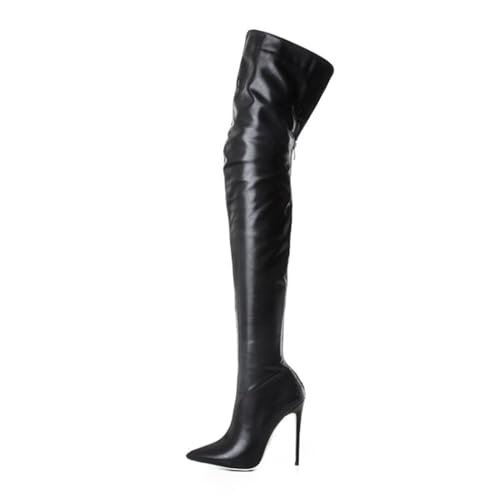 WOkismD Overknee-Stiefel für Damen, Reißverschluss hinten, Spitze Zehenpartie, Stiletto-Absatz, Kunstleder, Stretch-Reitstiefel, Overknee-Stiefel für Herbst und Winter, Elegante Schuhe,Schwarz,36 von WOkismD