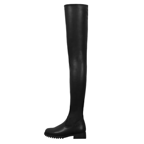 WOkismD Overknee-Stiefel für Damen, runde Zehenpartie, klobiger Absatz, Overknee-Stiefel, Kunstleder, Stretch, hohe Stiefel, seitlicher Reißverschluss, niedriger Absatz, Bequeme,Schwarz,34 von WOkismD