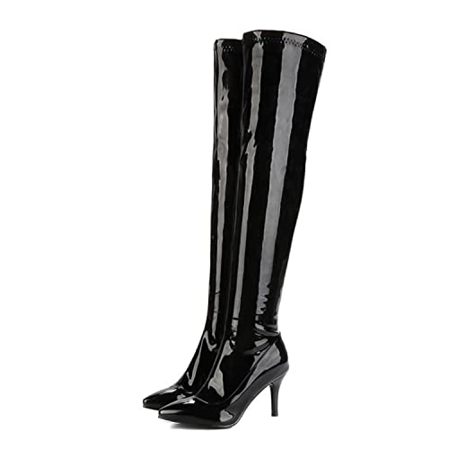 WOkismD Overknee-Stiefel für Damen Sexy Stiletto High Heel Lackleder Overknee-Stiefel mit spitzer Zehenpartie und seitlichem Reißverschluss,Schwarz,36 von WOkismD