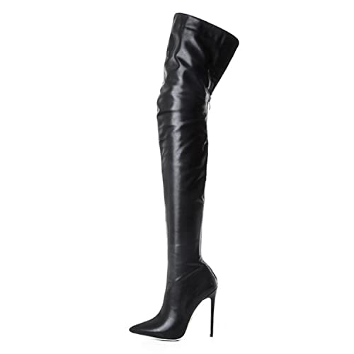 WOkismD Overknee-Stiefel für Damen mit Reißverschluss hinten, Stiletto-Absatz, spitzer Zehenbereich, Oberschenkel, hohe modische Kleidstiefel, Schuhe, PU-Leder, Elastizität, dünne Absätze,Schwarz,46 von WOkismD