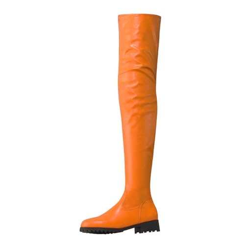 WOkismD Overknee-Stiefel für Damen mit hohem und niedrigem Blockabsatz, modisch, bequem, PU-Leder, runde Zehenpartie, dehnbar, oberschenkelhoch, Flacher Absatz, seitlicher Reißverschluss,Orange,42 von WOkismD