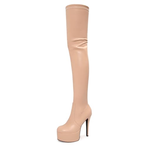 WOkismD Overknee-Stiefel mit Plateauabsatz für Damen, Stiletto-Absatz, Overknee-Stiefel mit seitlichem Reißverschluss, elastischem modischen Kleid, hohe Stiefel für Dates, Partys und,Beige,42 von WOkismD