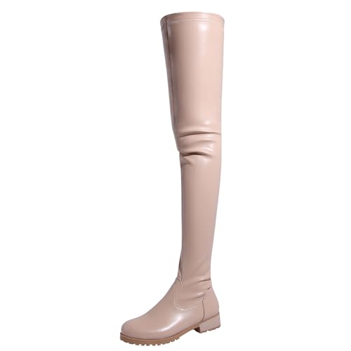 WOkismD Overknee-Stiefel mit Plateausohle, Overknee-Stiefel für Damen, Stollensohle, Bequeme Stretch-Stiefel, seitlicher Reißverschluss, Flacher Absatz, Lange Stiefel, Abendschuhe,Beige,41 von WOkismD