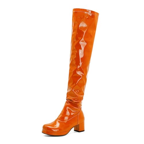WOkismD Overknee-Stiefel mit Reißverschluss hinten für Damen, Plateaustiefel mit quadratischer Zehenpartie, klobigem Absatz, Lange Stiefel aus Lackleder,Orange,38 von WOkismD