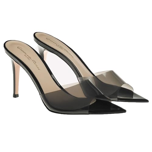 WOkismD Transparente Pumps mit Absatz für Damen, Sandalen mit durchsichtigem PVC und Stilettoabsatz, Spitze offene Zehenpartie, zum Hineinschlüpfen, rückenfreie Pantoletten für die Braut,Schwarz,42 von WOkismD