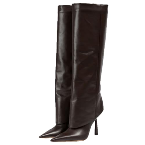 WOkismD Umschlagstiefel für Damen, Kniehohe Stiefel, Spitze Zehenpartie, Stiletto-Absätze, hohe Stiefel aus PU-Leder, Herbst-/Winterstiefel zum Hineinschlüpfen, Stiefel mit weitem Schaft,Braun,39 von WOkismD